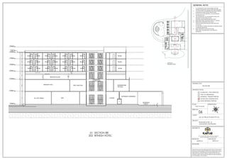PROPOSED HOTEL AT
JAGDALPUR, CHATTISGARH.
M/S. KK PROJECTS INDIA PVT LTD.,
1. ALL DIMENSIONS ARE IN MILLIMETERS AND ARE
FINISHED DIMENSIONS UNLESS OTHER WISE SPECIFIED
2. ALL LEVELS ARE IN MILLIMETERS AND ARE UNFINISHED
DIMENSIONS UNLESS OTHER WISE SPECIFIED
3. DO NOT SCALE THE DRAWING. FOLLOW WRITTEN
DIMENSIONS ONLY
4. ANY DISCREPANCY IN THE DRAWING SHOULD BE
BROUGHT TO THE NOTICE OF THE
ARCHITECT/DESIGNER BEFORE EXECUTION
5. REFER STRUCTURAL DRAWING FOR R.C.C. DETAILS.
6. REFER DETAIL DRAWINGS FOR DOOR,
WINDOW,STRUCTURE,HANDLE,STARICASE,TOILET
LAYOUT.ETC
7. FLOOR FINISH OF 50MM THICKNESS IS ASSUMED UNLESS
OTHERWISE MENTIONED
8. READ THIS DRG IN CONJUCTION WITH
STRUCTURAL,ARCHITECTURAL AND SERVICES
DRAWINGS.
GENERAL NOTE:
SIGNATURE. :
ARCHITECTS:
DRAWN BY: CHECKED BY :
DRAWINGS AND ALLIED DOCUMENTS ARE THE PROPERTY OF KARYAE DESIGN
STUDIO LLP. THE SAME CANNOT BE REPRODUCED, COPIED IN WHOLE OR IN
PART WITHOUT PRIOR EXPRESSED CONSENT FROM STAKEHOLDERS AT KARYAE
DESIGN STUDIO LLP. THESE DRAWINGS CANNOT BE HANDED OVER TO A
THIRD PARTY OR USED FOR ANY PURPOSE, OTHER THAN THAT FOR WHICH IT
HAS BEEN LOANED. AFTER FULFILLING THE PURPOSE OF ISSUE THE DRAWINGS
SHALL BE RETURNED TO THE ARCHITECT .
New.no.4 (old no.38), First Floor, 5th Cross, 11th Main Rd,
Vasanth Nagar, Bengaluru, Karnataka 560052
D E S I G N S T U D I O
SUPRIYA K PRIYA M T
N
S
W
E
ORIENTATION:
SCALE:
SHEET NO:
NOT TO SCALE
DRAWING STATUS:
FOR CO-ORDINATION
WORKING / TENDER PURPOSE
GOOD FOR CONSTRUCTION
SCHEMATIC / FOR APPROVAL
SHOP DRAWING PURPOSE
DRAWING TITLE:
PROJECT:
CLIENT:
06
SECTION BB'
1
2
3
4
6
7
8
10
12
13
15
16
11
14
GUEST/
BANQUET
LIFT 02
GUEST/
BANQUET
LIFT 01
SERV
LIFT 01
GUEST
LIFT 01
SERV
LIFT 02
GUEST
LIFT 02
LANDSCAPED
WATERBODY
14.35M X 9.78M
BAR
138.60 Smt
ALL DAY DINING
283.25 Smt
OUTDOOR
SEATING
700 SFT
RECEPTION LOBBY
43'0" X 26'6"
MAIN KITCHEN
1400 SFT
PORTE COCHERE
BANQUET
ENTRY
10'0"
WIDE
CORRIDOR
20'0" WIDE
DECK
WATERBODY
12'6" X 16'6"'
WATERBODY
12'6" X 16'6"'
SHOWER
W.C
SHOWER
CHANGE
W.C
ANTE
LOCKERS
CHANGE
SHOWER
ANTE
W.C
LOCKERS
TEA LOUNGE
MALE
TOILET
ANTE
EWC-2
EWC-1
FEMALE
TOILET
ANTE
EWC-3
URINALS
EWC-2
EWC-1
FEMALE
CH.ROOM
MALE
CH.ROOM
HANDICAP
TOILET
SHOW
KITCHEN
700 SFT
LVL + 0.60 M
LVL +1.05 M
SWIMMING
POOL
SUNKEN
BAR
UP
GLAZING TO
DETAIL
GLAZING TO
DETAIL
GLAZING TO
DETAIL
TILE
DROP
TILE
DROP
B'
B
ENTRANCE
PORCH
ROOM
ROOM
ROOM
ROOM
ROOM
ROOM
ROOM
ROOM
ROOM
ROOM
ROOM
ROOM
ROOM
ROOM
ROOM
ROOM
ROOM
ROOM
ROOM
ROOM
ROOM
SERVICE FLOOR
TRANSFER BEAM
2890
[9'-6"]
1215
[4'-0"]
2440
[8'-0
1/4"]
SERVICE LINES
ROOM
ROOM
ROOM
BANQUET HALL
PRE FUNCTION BOARDROOM/
OFFICES
LOUNGE
ENTRANCE VERANDAH
BAR
ALL DAY DINING
LANDSCAPE
COURTYARD
600
[1'-11
3/4"]
26970
[88'-8
1/4"]
6600
[21'-8
1/2"]
6080
[20'-0"]
4105
[13'-6"]
3195
[10'-6"]
3195
[10'-6"]
3195
[10'-6"]
600
[1'-11
3/4"]
GROUND FLOOR
+1.050 M
FIRST FLOOR
+7.650 M
SECOND FLOOR
+13.730 M
THIRD FLOOR
+17.835 M
FOURTH FLOOR
+21.030 M
FIFTH FLOOR
+24.225 M
TERRACE FLOOR
+27.420 M
+28360 M
TERRACE ROOF
+30.470 M
CURVE GLASS PANEL
RITHESH HOTEL
SECTION BB'
202
01
RITHESH HOTEL
KEYPLAN
 