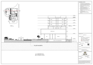 PROPOSED HOTEL AT
JAGDALPUR, CHATTISGARH.
M/S. KK PROJECTS INDIA PVT LTD.,
1. ALL DIMENSIONS ARE IN MILLIMETERS AND ARE
FINISHED DIMENSIONS UNLESS OTHER WISE SPECIFIED
2. ALL LEVELS ARE IN MILLIMETERS AND ARE UNFINISHED
DIMENSIONS UNLESS OTHER WISE SPECIFIED
3. DO NOT SCALE THE DRAWING. FOLLOW WRITTEN
DIMENSIONS ONLY
4. ANY DISCREPANCY IN THE DRAWING SHOULD BE
BROUGHT TO THE NOTICE OF THE
ARCHITECT/DESIGNER BEFORE EXECUTION
5. REFER STRUCTURAL DRAWING FOR R.C.C. DETAILS.
6. REFER DETAIL DRAWINGS FOR DOOR,
WINDOW,STRUCTURE,HANDLE,STARICASE,TOILET
LAYOUT.ETC
7. FLOOR FINISH OF 50MM THICKNESS IS ASSUMED UNLESS
OTHERWISE MENTIONED
8. READ THIS DRG IN CONJUCTION WITH
STRUCTURAL,ARCHITECTURAL AND SERVICES
DRAWINGS.
GENERAL NOTE:
SIGNATURE. :
ARCHITECTS:
DRAWN BY: CHECKED BY :
DRAWINGS AND ALLIED DOCUMENTS ARE THE PROPERTY OF KARYAE DESIGN
STUDIO LLP. THE SAME CANNOT BE REPRODUCED, COPIED IN WHOLE OR IN
PART WITHOUT PRIOR EXPRESSED CONSENT FROM STAKEHOLDERS AT KARYAE
DESIGN STUDIO LLP. THESE DRAWINGS CANNOT BE HANDED OVER TO A
THIRD PARTY OR USED FOR ANY PURPOSE, OTHER THAN THAT FOR WHICH IT
HAS BEEN LOANED. AFTER FULFILLING THE PURPOSE OF ISSUE THE DRAWINGS
SHALL BE RETURNED TO THE ARCHITECT .
New.no.4 (old no.38), First Floor, 5th Cross, 11th Main Rd,
Vasanth Nagar, Bengaluru, Karnataka 560052
D E S I G N S T U D I O
SUPRIYA K PRIYA M T
N
S
W
E
ORIENTATION:
SCALE:
SHEET NO:
NOT TO SCALE
DRAWING STATUS:
FOR CO-ORDINATION
WORKING / TENDER PURPOSE
GOOD FOR CONSTRUCTION
SCHEMATIC / FOR APPROVAL
SHOP DRAWING PURPOSE
DRAWING TITLE:
PROJECT:
CLIENT:
07
SECTION CC'
1
2
3
4
6
7
8
10
12
13
15
16
11
14
GUEST/
BANQUET
LIFT 02
GUEST/
BANQUET
LIFT 01
SERV
LIFT 01
GUEST
LIFT 01
SERV
LIFT 02
GUEST
LIFT 02
LANDSCAPED
WATERBODY
14.35M X 9.78M
BAR
138.60 Smt
ALL DAY DINING
283.25 Smt
OUTDOOR
SEATING
700 SFT
RECEPTION LOBBY
43'0" X 26'6"
MAIN KITCHEN
1400 SFT
PORTE COCHERE
BANQUET
ENTRY
10'0"
WIDE
CORRIDOR
20'0" WIDE
DECK
WATERBODY
12'6" X 16'6"'
WATERBODY
12'6" X 16'6"'
SHOWER
W.C
SHOWER
CHANGE
W.C
ANTE
LOCKERS
CHANGE
SHOWER
ANTE
W.C
LOCKERS
TEA LOUNGE
MALE
TOILET
ANTE
EWC-2
EWC-1
FEMALE
TOILET
ANTE
EWC-3
URINALS
EWC-2
EWC-1
FEMALE
CH.ROOM
MALE
CH.ROOM
HANDICAP
TOILET
SHOW
KITCHEN
700 SFT
LVL + 0.60 M
LVL +1.05 M
SWIMMING
POOL
SUNKEN
BAR
UP
GLAZING TO
DETAIL
GLAZING TO
DETAIL
GLAZING TO
DETAIL
TILE
DROP
TILE
DROP
C C'
RITHESH HOTEL
SECTION CC'
203
01
RITHESH HOTEL
KEYPLAN
3245
[10'-8"]
750
[2'-5
3/4"]
FILLED IN EARTH
POOL POOL DECK
BACK OF THE HOUSE/SERVICES
600
6600
[21'-8
1/2"]
6080
[20'-0"]
4105
[13'-6"]
3195
[10'-6"]
3195
[10'-6"]
3195
[10'-6"]
BASEMENT FLOOR
3595
[11'-10"]
KITCHEN
BAR
BANQUET HALL
SERVICE FLOOR
TRANSFER BEAM
ROOM
2890
[9'-6"]
1215
[4'-0"]
2440
[8'-0
1/4"]
SERVICE LINES
ROOM
ROOM
ROOM
ROOM
ROOM
GROUND FLOOR
+1.050 M
FIRST FLOOR
+7.650 M
SECOND FLOOR
+13.730 M
THIRD FLOOR
+17.835 M
FOURTH FLOOR
+21.030 M
FIFTH FLOOR
+24.225 M
TERRACE FLOOR
+27.420 M
+28360 M
TERRACE ROOF
+30.470 M
RITHESH HOTEL
KEYPLAN
 