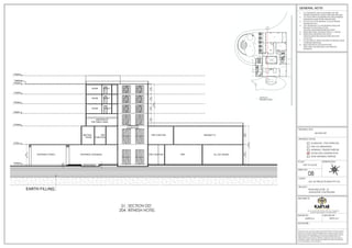PROPOSED HOTEL AT
JAGDALPUR, CHATTISGARH.
M/S. KK PROJECTS INDIA PVT LTD.,
1. ALL DIMENSIONS ARE IN MILLIMETERS AND ARE
FINISHED DIMENSIONS UNLESS OTHER WISE SPECIFIED
2. ALL LEVELS ARE IN MILLIMETERS AND ARE UNFINISHED
DIMENSIONS UNLESS OTHER WISE SPECIFIED
3. DO NOT SCALE THE DRAWING. FOLLOW WRITTEN
DIMENSIONS ONLY
4. ANY DISCREPANCY IN THE DRAWING SHOULD BE
BROUGHT TO THE NOTICE OF THE
ARCHITECT/DESIGNER BEFORE EXECUTION
5. REFER STRUCTURAL DRAWING FOR R.C.C. DETAILS.
6. REFER DETAIL DRAWINGS FOR DOOR,
WINDOW,STRUCTURE,HANDLE,STARICASE,TOILET
LAYOUT.ETC
7. FLOOR FINISH OF 50MM THICKNESS IS ASSUMED UNLESS
OTHERWISE MENTIONED
8. READ THIS DRG IN CONJUCTION WITH
STRUCTURAL,ARCHITECTURAL AND SERVICES
DRAWINGS.
GENERAL NOTE:
SIGNATURE. :
ARCHITECTS:
DRAWN BY: CHECKED BY :
DRAWINGS AND ALLIED DOCUMENTS ARE THE PROPERTY OF KARYAE DESIGN
STUDIO LLP. THE SAME CANNOT BE REPRODUCED, COPIED IN WHOLE OR IN
PART WITHOUT PRIOR EXPRESSED CONSENT FROM STAKEHOLDERS AT KARYAE
DESIGN STUDIO LLP. THESE DRAWINGS CANNOT BE HANDED OVER TO A
THIRD PARTY OR USED FOR ANY PURPOSE, OTHER THAN THAT FOR WHICH IT
HAS BEEN LOANED. AFTER FULFILLING THE PURPOSE OF ISSUE THE DRAWINGS
SHALL BE RETURNED TO THE ARCHITECT .
New.no.4 (old no.38), First Floor, 5th Cross, 11th Main Rd,
Vasanth Nagar, Bengaluru, Karnataka 560052
D E S I G N S T U D I O
SUPRIYA K PRIYA M T
N
S
W
E
ORIENTATION:
SCALE:
SHEET NO:
NOT TO SCALE
DRAWING STATUS:
FOR CO-ORDINATION
WORKING / TENDER PURPOSE
GOOD FOR CONSTRUCTION
SCHEMATIC / FOR APPROVAL
SHOP DRAWING PURPOSE
DRAWING TITLE:
PROJECT:
CLIENT:
08
SECTION DD'
1
2
3
4
6
7
8
10
12
13
15
16
11
14
GUEST/
BANQUET
LIFT 02
GUEST/
BANQUET
LIFT 01
SERV
LIFT 01
GUEST
LIFT 01
SERV
LIFT 02
GUEST
LIFT 02
LANDSCAPED
WATERBODY
14.35M X 9.78M
BAR
138.60 Smt
ALL DAY DINING
283.25 Smt
OUTDOOR
SEATING
700 SFT
RECEPTION LOBBY
43'0" X 26'6"
MAIN KITCHEN
1400 SFT
PORTE COCHERE
BANQUET
ENTRY
10'0"
WIDE
CORRIDOR
20'0" WIDE
DECK
WATERBODY
12'6" X 16'6"'
WATERBODY
12'6" X 16'6"'
SHOWER
W.C
SHOWER
CHANGE
W.C
ANTE
LOCKERS
CHANGE
SHOWER
ANTE
W.C
LOCKERS
TEA LOUNGE
MALE
TOILET
ANTE
EWC-2
EWC-1
FEMALE
TOILET
ANTE
EWC-3
URINALS
EWC-2
EWC-1
FEMALE
CH.ROOM
MALE
CH.ROOM
HANDICAP
TOILET
SHOW
KITCHEN
700 SFT
LVL + 0.60 M
LVL +1.05 M
SWIMMING
POOL
SUNKEN
BAR
UP
GLAZING TO
DETAIL
GLAZING TO
DETAIL
GLAZING TO
DETAIL
TILE
DROP
TILE
DROP
D
D'
GROUND FLOOR
+1.050 M
FIRST FLOOR
+7.650 M
SECOND FLOOR
+13.730 M
THIRD FLOOR
+17.835 M
FOURTH FLOOR
+21.030 M
FIFTH FLOOR
+24.225 M
TERRACE FLOOR
+27.420 M
+28360 M
TERRACE ROOF
+30.470 M
LANDSCAPE
COURTYARD
ENTRANCE PORCH ENTRANCE VERANDAH PRE FUNCTION BAR ALL DAY DINING
MEETING
ROOM
PRE
FUNCTION
PRE FUNCTION BANQUET 01
ADDITION OF
THE PUBLIC AREA
ROOM
WATER BODY
TOILET
ROOM TOILET
ROOM TOILET
7050
[23'-2
1/4"]
6600
[21'-8
1/2"]
6080
[20'-0"]
4105
[13'-6"]
3195
[10'-6"]
3195
[10'-6"]
3195
[10'-6"]
13690
[45'-0
1/4"]
12680
[41'-8
1/4"]
EARTH FILLING
450
[1'-5
3/4"]
600
[1'-11
3/4"]
RITHESH HOTEL
SECTION DD'
204
01
RITHESH HOTEL
KEYPLAN
 
