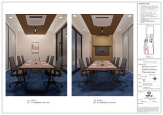 22
CONFERENCE ROOM - RENDER
M/S.RADIANCE REALTY
DEVELOPERS LIMITED
CLUBHOUSE AT
RADIANCE GARDENIA,BANGALORE
ORIENTATION:
SCALE:
SHEET NO:
NOT TO SCALE
DRAWING STATUS:
FOR CO-ORDINATION
WORKING / TENDER PURPOSE
GOOD FOR CONSTRUCTION
SCHEMATIC / FOR APPROVAL
SHOP DRAWING PURPOSE
DRAWING TITLE:
PROJECT:
CLIENT:
N
S
W E
1. ALL DIMENSIONS ARE IN MILLIMETERS AND ARE
FINISHED DIMENSIONS UNLESS OTHER WISE SPECIFIED
2. ALL LEVELS ARE IN MILLIMETERS AND ARE UNFINISHED
DIMENSIONS UNLESS OTHER WISE SPECIFIED
3. DO NOT SCALE THE DRAWING. FOLLOW WRITTEN
DIMENSIONS ONLY
4. ANY DISCREPANCY IN THE DRAWING SHOULD BE
BROUGHT TO THE NOTICE OF THE
ARCHITECT/DESIGNER BEFORE EXECUTION
5. REFER STRUCTURAL DRAWING FOR R.C.C. DETAILS.
6. REFER DETAIL DRAWINGS FOR DOOR,
WINDOW,STRUCTURE,HANDLE,STARICASE,TOILET
LAYOUT.ETC
7. FLOOR FINISH OF 50MM THICKNESS IS ASSUMED UNLESS
OTHERWISE MENTIONED
8. READ THIS DRG IN CONJUCTION WITH
STRUCTURAL,ARCHITECTURAL AND SERVICES
DRAWINGS.
GENERAL NOTE:
SIGNATURE. :
ARCHITECTS:
DRAWN BY: CHECKED BY :
DRAWINGS AND ALLIED DOCUMENTS ARE THE PROPERTY OF KARYAE DESIGN
STUDIO LLP. THE SAME CANNOT BE REPRODUCED, COPIED IN WHOLE OR IN
PART WITHOUT PRIOR EXPRESSED CONSENT FROM STAKEHOLDERS AT KARYAE
DESIGN STUDIO LLP. THESE DRAWINGS CANNOT BE HANDED OVER TO A
THIRD PARTY OR USED FOR ANY PURPOSE, OTHER THAN THAT FOR WHICH IT
HAS BEEN LOANED. AFTER FULFILLING THE PURPOSE OF ISSUE THE DRAWINGS
SHALL BE RETURNED TO THE ARCHITECT .
New.no.4 (old no.38), First Floor, 5th Cross, 11th Main Rd,
Vasanth Nagar, Bengaluru, Karnataka 560052
D E S I G N S T U D I O
SUPRIYA K PRIYA M T
CONFERENCE ROOM
VIEW 1
201
01
CONFERENCE ROOM
VIEW 2
201
02
MEETING ROOM
KEYPLAN
SWa
STG
SG2
SG6
SW4
UP
 