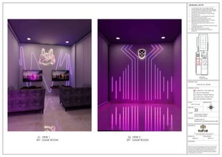 33
GAME ROOM - RENDER
M/S.RADIANCE REALTY
DEVELOPERS LIMITED
CLUBHOUSE AT
RADIANCE GARDENIA,BANGALORE
ORIENTATION:
SCALE:
SHEET NO:
NOT TO SCALE
DRAWING STATUS:
FOR CO-ORDINATION
WORKING / TENDER PURPOSE
GOOD FOR CONSTRUCTION
SCHEMATIC / FOR APPROVAL
SHOP DRAWING PURPOSE
DRAWING TITLE:
PROJECT:
CLIENT:
N
S
W E
1. ALL DIMENSIONS ARE IN MILLIMETERS AND ARE
FINISHED DIMENSIONS UNLESS OTHER WISE SPECIFIED
2. ALL LEVELS ARE IN MILLIMETERS AND ARE UNFINISHED
DIMENSIONS UNLESS OTHER WISE SPECIFIED
3. DO NOT SCALE THE DRAWING. FOLLOW WRITTEN
DIMENSIONS ONLY
4. ANY DISCREPANCY IN THE DRAWING SHOULD BE
BROUGHT TO THE NOTICE OF THE
ARCHITECT/DESIGNER BEFORE EXECUTION
5. REFER STRUCTURAL DRAWING FOR R.C.C. DETAILS.
6. REFER DETAIL DRAWINGS FOR DOOR,
WINDOW,STRUCTURE,HANDLE,STARICASE,TOILET
LAYOUT.ETC
7. FLOOR FINISH OF 50MM THICKNESS IS ASSUMED UNLESS
OTHERWISE MENTIONED
8. READ THIS DRG IN CONJUCTION WITH
STRUCTURAL,ARCHITECTURAL AND SERVICES
DRAWINGS.
GENERAL NOTE:
SIGNATURE. :
ARCHITECTS:
DRAWN BY: CHECKED BY :
DRAWINGS AND ALLIED DOCUMENTS ARE THE PROPERTY OF KARYAE DESIGN
STUDIO LLP. THE SAME CANNOT BE REPRODUCED, COPIED IN WHOLE OR IN
PART WITHOUT PRIOR EXPRESSED CONSENT FROM STAKEHOLDERS AT KARYAE
DESIGN STUDIO LLP. THESE DRAWINGS CANNOT BE HANDED OVER TO A
THIRD PARTY OR USED FOR ANY PURPOSE, OTHER THAN THAT FOR WHICH IT
HAS BEEN LOANED. AFTER FULFILLING THE PURPOSE OF ISSUE THE DRAWINGS
SHALL BE RETURNED TO THE ARCHITECT .
New.no.4 (old no.38), First Floor, 5th Cross, 11th Main Rd,
Vasanth Nagar, Bengaluru, Karnataka 560052
D E S I G N S T U D I O
SUPRIYA K PRIYA M T
GAME ROOM
VIEW 1
201
01
GAME ROOM
VIEW 2
201
02
GAME ROOM
KEYPLAN
 