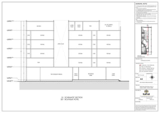 01
SIGNATURE. :
ARCHITECTS:
DRAWN BY: CHECKED BY :
DRAWINGS AND ALLIED DOCUMENTS ARE THE PROPERTY OF KARYAE DESIGN
STUDIO LLP. THE SAME CANNOT BE REPRODUCED, COPIED IN WHOLE OR IN
PART WITHOUT PRIOR EXPRESSED CONSENT FROM STAKEHOLDERS AT KARYAE
DESIGN STUDIO LLP. THESE DRAWINGS CANNOT BE HANDED OVER TO A
THIRD PARTY OR USED FOR ANY PURPOSE, OTHER THAN THAT FOR WHICH IT
HAS BEEN LOANED. AFTER FULFILLING THE PURPOSE OF ISSUE THE DRAWINGS
SHALL BE RETURNED TO THE ARCHITECT .
New.no.4 (old no.38), First Floor, 5th Cross, 11th Main Rd,
Vasanth Nagar, Bengaluru, Karnataka 560052
D E S I G N S T U D I O
SUPRIYA K PRIYA M T
PROPOSED BOUTIQUE HOTEL AT
MISSION STREET, PONDICHERRY
MR. RAMESH KRISHNAMURTHY
BOUTIQUE HOTEL
KEYPLAN
BOUTIQUE HOTEL
SCHEMATIC SECTION
201
01
ORIENTATION:
SCALE:
SHEET NO:
NOT TO SCALE
DRAWING STATUS:
FOR CO-ORDINATION
WORKING / TENDER PURPOSE
GOOD FOR CONSTRUCTION
SCHEMATIC / FOR APPROVAL
SHOP DRAWING PURPOSE
DRAWING TITLE:
PROJECT:
CLIENT:
44
SCHEMATIC SECTION
1. DO NOT SCALE THE DRG. FOLLOW WRITTEN DIMENSIONS ONLY.
2. ANY DISCREPANCY IN THE DRG. SHOULD BE BROUGHT TO THE
NOTICE
OF THE ARCHITECT IMMEDIATELY.
3. ALL DIMENSIONS SHOWN TO BE VERIFIED BEFORE EXECUTION.
4. ALL DIMENSIONS ARE IN FEET AND INCHES ONLY
5. THIS IS THE PROPERTY OF KARYAE DESIGN IT SHALL NOT BE COPIED
OR PRINTED WITHOUT PERMISSION.
6. ALL DIMENSIONS INDICATED ARE EXCLUDING PLASTER THICKNESS.
7. REFER STRUCTURAL DRG. FOR R.C.C. DETAILS.
8. REFER DETAIL DRG. FOR DOOR, WINDOW,STRUCTURE,HANDLE,
STARICASE,TOILET LATOUT.ETC
9. FLOOR FINISH OF 2" THICKNESS IS ASSUMED UNLESS OTHERWISE
MENTIONED
10. READ THIS DRG IN CONJUCTION WITH STRUCTURAL,INTERIOR
AND
SERVICE DRAWINGS.
11. FOR DETAILED DESCRIPTION OF FINISHES REFER SCHEDULE
OF FINISHES DRG.
GENERAL NOTE:
N
S
W
E
FIRST FLOOR
+16'-0" ARL
FGL / CARPARK
+0'-6" ARL
LOBBY LEVEL
+2'-0" ARL
SECOND FLOOR
+26'-0" ARL
THIRD FLOOR
+36'-0" ARL
FOURTH FLOOR
+46'-0" ARL
FIFTH FLOOR
+56'-0" ARL
TERRACE FLOOR
+66'-0" ARL
TWO WHEELER PARKING BACK
OFFICE
RECEPTION
LOBBY
GUEST
ENTRY
BOH
OPEN TO SKY
COR
ROOMS ROOMS
COR ROOMS COR
ROOMS ROOMS
COR
ROOMS ROOMS
COR
ROOMS ROOMS
COR ROOMS
COR ROOMS
KITCHEN
LADIES
TOILET
GENTS
TOILET
PDR
ALL DAY DINING -
AL FRESCO
66'
10'
10'
10'
10'
10'
14'
2'
 