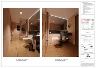 ORIENTATION:
SCALE:
SHEET NO:
NOT TO SCALE
DRAWING STATUS:
FOR CO-ORDINATION
WORKING / TENDER PURPOSE
GOOD FOR CONSTRUCTION
SCHEMATIC / FOR APPROVAL
SHOP DRAWING PURPOSE
DRAWING TITLE:
PROJECT:
CLIENT:
N
S
W E
47
TOILET RENDER - OPTION 1
THE RESIDENCY
KARUR
INTERIORS FOR TWIN BEDROOM
1. ALL DIMENSIONS ARE IN MILLIMETERS AND ARE
FINISHED DIMENSIONS UNLESS OTHER WISE SPECIFIED
2. ALL LEVELS ARE IN MILLIMETERS AND ARE UNFINISHED
DIMENSIONS UNLESS OTHER WISE SPECIFIED
3. DO NOT SCALE THE DRAWING. FOLLOW WRITTEN
DIMENSIONS ONLY
4. ANY DISCREPANCY IN THE DRAWING SHOULD BE
BROUGHT TO THE NOTICE OF THE
ARCHITECT/DESIGNER BEFORE EXECUTION
5. REFER STRUCTURAL DRAWING FOR R.C.C. DETAILS.
6. REFER DETAIL DRAWINGS FOR DOOR,
WINDOW,STRUCTURE,HANDLE,STARICASE,TOILET
LAYOUT.ETC
7. FLOOR FINISH OF 50MM THICKNESS IS ASSUMED UNLESS
OTHERWISE MENTIONED
8. READ THIS DRG IN CONJUCTION WITH
STRUCTURAL,ARCHITECTURAL AND SERVICES
DRAWINGS.
GENERAL NOTE:
SIGNATURE. :
ARCHITECTS:
DRAWN BY: CHECKED BY :
DRAWINGS AND ALLIED DOCUMENTS ARE THE PROPERTY OF KARYAE DESIGN
STUDIO LLP. THE SAME CANNOT BE REPRODUCED, COPIED IN WHOLE OR IN
PART WITHOUT PRIOR EXPRESSED CONSENT FROM STAKEHOLDERS AT KARYAE
DESIGN STUDIO LLP. THESE DRAWINGS CANNOT BE HANDED OVER TO A
THIRD PARTY OR USED FOR ANY PURPOSE, OTHER THAN THAT FOR WHICH IT
HAS BEEN LOANED. AFTER FULFILLING THE PURPOSE OF ISSUE THE DRAWINGS
SHALL BE RETURNED TO THE ARCHITECT .
New.no.4 (old no.38), First Floor, 5th Cross, 11th Main Rd,
Vasanth Nagar, Bengaluru, Karnataka 560052
D E S I G N S T U D I O
SUPRIYA K PRIYA M T
TWIN BEDROOM
KEYPLAN
TWIN BEDROOM
TOILET OP 1 - VIEW 1
203
01
TWIN BEDROOM
TOILET OP 1 - VIEW 2
203
02
 