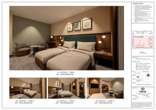 ORIENTATION:
SCALE:
SHEET NO:
NOT TO SCALE
DRAWING STATUS:
FOR CO-ORDINATION
WORKING / TENDER PURPOSE
GOOD FOR CONSTRUCTION
SCHEMATIC / FOR APPROVAL
SHOP DRAWING PURPOSE
DRAWING TITLE:
PROJECT:
CLIENT:
N
S
W E
48
TWIN BEDROOM RENDER - OPTION 2
THE RESIDENCY
KARUR
INTERIORS FOR TWIN BEDROOM
1. ALL DIMENSIONS ARE IN MILLIMETERS AND ARE
FINISHED DIMENSIONS UNLESS OTHER WISE SPECIFIED
2. ALL LEVELS ARE IN MILLIMETERS AND ARE UNFINISHED
DIMENSIONS UNLESS OTHER WISE SPECIFIED
3. DO NOT SCALE THE DRAWING. FOLLOW WRITTEN
DIMENSIONS ONLY
4. ANY DISCREPANCY IN THE DRAWING SHOULD BE
BROUGHT TO THE NOTICE OF THE
ARCHITECT/DESIGNER BEFORE EXECUTION
5. REFER STRUCTURAL DRAWING FOR R.C.C. DETAILS.
6. REFER DETAIL DRAWINGS FOR DOOR,
WINDOW,STRUCTURE,HANDLE,STARICASE,TOILET
LAYOUT.ETC
7. FLOOR FINISH OF 50MM THICKNESS IS ASSUMED UNLESS
OTHERWISE MENTIONED
8. READ THIS DRG IN CONJUCTION WITH
STRUCTURAL,ARCHITECTURAL AND SERVICES
DRAWINGS.
GENERAL NOTE:
SIGNATURE. :
ARCHITECTS:
DRAWN BY: CHECKED BY :
DRAWINGS AND ALLIED DOCUMENTS ARE THE PROPERTY OF KARYAE DESIGN
STUDIO LLP. THE SAME CANNOT BE REPRODUCED, COPIED IN WHOLE OR IN
PART WITHOUT PRIOR EXPRESSED CONSENT FROM STAKEHOLDERS AT KARYAE
DESIGN STUDIO LLP. THESE DRAWINGS CANNOT BE HANDED OVER TO A
THIRD PARTY OR USED FOR ANY PURPOSE, OTHER THAN THAT FOR WHICH IT
HAS BEEN LOANED. AFTER FULFILLING THE PURPOSE OF ISSUE THE DRAWINGS
SHALL BE RETURNED TO THE ARCHITECT .
New.no.4 (old no.38), First Floor, 5th Cross, 11th Main Rd,
Vasanth Nagar, Bengaluru, Karnataka 560052
D E S I G N S T U D I O
SUPRIYA K PRIYA M T
TWIN BEDROOM
KEYPLAN
TWIN BEDROOM
OPTION 1 - VIEW 1
201
01
TWIN BEDROOM
OPTION 1 - VIEW 2
201
02
TWIN BEDROOM
OPTION 1 - VIEW 3
201
03
TWIN BEDROOM
OPTION 1 - VIEW 4
201
04
 