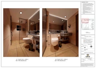 ORIENTATION:
SCALE:
SHEET NO:
NOT TO SCALE
DRAWING STATUS:
FOR CO-ORDINATION
WORKING / TENDER PURPOSE
GOOD FOR CONSTRUCTION
SCHEMATIC / FOR APPROVAL
SHOP DRAWING PURPOSE
DRAWING TITLE:
PROJECT:
CLIENT:
N
S
W E
49
TOILET RENDER - OPTION 2
THE RESIDENCY
KARUR
INTERIORS FOR TWIN BEDROOM
1. ALL DIMENSIONS ARE IN MILLIMETERS AND ARE
FINISHED DIMENSIONS UNLESS OTHER WISE SPECIFIED
2. ALL LEVELS ARE IN MILLIMETERS AND ARE UNFINISHED
DIMENSIONS UNLESS OTHER WISE SPECIFIED
3. DO NOT SCALE THE DRAWING. FOLLOW WRITTEN
DIMENSIONS ONLY
4. ANY DISCREPANCY IN THE DRAWING SHOULD BE
BROUGHT TO THE NOTICE OF THE
ARCHITECT/DESIGNER BEFORE EXECUTION
5. REFER STRUCTURAL DRAWING FOR R.C.C. DETAILS.
6. REFER DETAIL DRAWINGS FOR DOOR,
WINDOW,STRUCTURE,HANDLE,STARICASE,TOILET
LAYOUT.ETC
7. FLOOR FINISH OF 50MM THICKNESS IS ASSUMED UNLESS
OTHERWISE MENTIONED
8. READ THIS DRG IN CONJUCTION WITH
STRUCTURAL,ARCHITECTURAL AND SERVICES
DRAWINGS.
GENERAL NOTE:
SIGNATURE. :
ARCHITECTS:
DRAWN BY: CHECKED BY :
DRAWINGS AND ALLIED DOCUMENTS ARE THE PROPERTY OF KARYAE DESIGN
STUDIO LLP. THE SAME CANNOT BE REPRODUCED, COPIED IN WHOLE OR IN
PART WITHOUT PRIOR EXPRESSED CONSENT FROM STAKEHOLDERS AT KARYAE
DESIGN STUDIO LLP. THESE DRAWINGS CANNOT BE HANDED OVER TO A
THIRD PARTY OR USED FOR ANY PURPOSE, OTHER THAN THAT FOR WHICH IT
HAS BEEN LOANED. AFTER FULFILLING THE PURPOSE OF ISSUE THE DRAWINGS
SHALL BE RETURNED TO THE ARCHITECT .
New.no.4 (old no.38), First Floor, 5th Cross, 11th Main Rd,
Vasanth Nagar, Bengaluru, Karnataka 560052
D E S I G N S T U D I O
SUPRIYA K PRIYA M T
TWIN BEDROOM
KEYPLAN
TWIN BEDROOM
TOILET OP 2 - VIEW 1
204
01
TWIN BEDROOM
TOILET OP 2 - VIEW 2
204
02
 