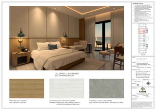 53
SAS CAPITALS PVT LTD..,
PROPOSED INTERIORS FOR
VOB AT MADHELI RESORT , MALE
1. ALL DIMENSIONS ARE IN MILLIMETERS AND ARE
FINISHED DIMENSIONS UNLESS OTHER WISE SPECIFIED
2. ALL LEVELS ARE IN MILLIMETERS AND ARE UNFINISHED
DIMENSIONS UNLESS OTHER WISE SPECIFIED
3. DO NOT SCALE THE DRAWING. FOLLOW WRITTEN
DIMENSIONS ONLY
4. ANY DISCREPANCY IN THE DRAWING SHOULD BE
BROUGHT TO THE NOTICE OF THE
ARCHITECT/DESIGNER BEFORE EXECUTION
5. REFER STRUCTURAL DRAWING FOR R.C.C. DETAILS.
6. REFER DETAIL DRAWINGS FOR DOOR,
WINDOW,STRUCTURE,HANDLE,STARICASE,TOILET
LAYOUT.ETC
7. FLOOR FINISH OF 50MM THICKNESS IS ASSUMED UNLESS
OTHERWISE MENTIONED
8. READ THIS DRG IN CONJUCTION WITH
STRUCTURAL,ARCHITECTURAL AND SERVICES
DRAWINGS.
GENERAL NOTE:
ORIENTATION:
SCALE:
SHEET NO:
NOT TO SCALE
DRAWING STATUS:
FOR CO-ORDINATION
WORKING / TENDER PURPOSE
GOOD FOR CONSTRUCTION
SCHEMATIC / FOR APPROVAL
SHOP DRAWING PURPOSE
DRAWING TITLE:
PROJECT:
CLIENT:
SIGNATURE. :
ARCHITECTS:
DRAWN BY: CHECKED BY :
DRAWINGS AND ALLIED DOCUMENTS ARE THE PROPERTY OF KARYAE DESIGN
STUDIO LLP. THE SAME CANNOT BE REPRODUCED, COPIED IN WHOLE OR IN
PART WITHOUT PRIOR EXPRESSED CONSENT FROM STAKEHOLDERS AT KARYAE
DESIGN STUDIO LLP. THESE DRAWINGS CANNOT BE HANDED OVER TO A
THIRD PARTY OR USED FOR ANY PURPOSE, OTHER THAN THAT FOR WHICH IT
HAS BEEN LOANED. AFTER FULFILLING THE PURPOSE OF ISSUE THE DRAWINGS
SHALL BE RETURNED TO THE ARCHITECT .
New.no.4 (old no.38), First Floor, 5th Cross, 11th Main Rd,
Vasanth Nagar, Bengaluru, Karnataka 560052
D E S I G N S T U D I O
SUPRIYA K PRIYA M T
N
S
W
E
CORRIDOR
BATHROOM
BALCONY
BEDROOM
1
D1
D2
D1
D1
SD1
V1
SHW
WC
V1
V1
V1
V1
V1
V1
V1
V1
V1
V1
V1
V1
V1
D1
D1
D1
D1
D1
D1
D1
D3
D3
D3
D3
D3
D3
D3
D3
D3
D3
D3
D3
D3
D3
D3
D3
D2
D4
D4
D4
D4
D1
SD1
SD1
SD1
SD1
SD1
SD1
SD1
SD1
SD1
SD1
SD1
SHW
WC
BEDROOM
2
BEDROOM
3
BEDROOM
4
BEDROOM
5
BEDROOM
6
BEDROOM
7
BEDROOM
8
BEDROOM
9
BEDROOM
10
PWDR
BALCONY
BALCONY
BALCONY
BALCONY
BALCONY
BALCONY
BALCONY
BALCONY
BALCONY
BATHROOM
BATHROOM
BATHROOM
LIVING
01
D1
UP
UP
41.13m²
LIVING
02
23.98m²
22.75m²
22.75m²
22.75m²
22.75m²
22.75m²
22.75m²
22.75m²
41.13m²
23.98m²
1.46m²
1.40m²
17.03m²
SHW
WC
1.46m²
1.40m²
17.03m²
2.54m²
PWDR
2.54m²
1.85m²
1.85m²
WC
WC
1.85m²
1.85m²
WC
WC
1.85m²
1.85m²
WC
WC
1.85m²
1.85m²
WC
2.22m²
SHW
2.22m²
SHW
2.22m²
SHW
2.22m²
SHW
2.22m²
SHW
2.22m²
SHW
2.22m²
SHW
2.22m²
16.21m²
7.98m²
7.98m²
7.98m²
7.98m²
7.98m²
7.98m²
7.98m²
16.21m²
9.66m²
9.66m²
BATHROOM
BATHROOM
9.66m²
9.66m²
BATHROOM
BATHROOM
9.66m²
9.66m²
BATHROOM
BATHROOM
9.66m²
9.66m²
56.67m²
PORCH
VOB GR.FL
KEYPLAN
STANDARD ROOM - OP 2 RENDER
STANDARD ROOM
OPTION 2 - DAY RENDER
202
01
SIZE: 2400 MM x 1200 MM
MISTY PIKE OAK LAMINATE
MATERIAL: PRINTED ON VINYL SURFACE WITH A
NON-WOVEN SUBSTRATE BACKING
MONOGRAM LINE DANCE WALLPAPER
SIZE: 600 MM x 600 MM WITH A THICKNESS OF 18MM
FLOORING: ALASKA GREY MARBLE
 