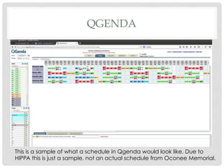 QGENDA
This is a sample of what a schedule in Qgenda would look like. Due to
HIPPA this is just a sample, not an actual schedule from Oconee Memorial.
 