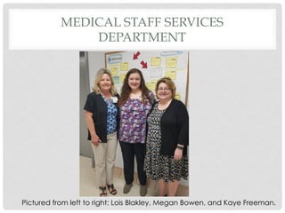 MEDICAL STAFF SERVICES
DEPARTMENT
Pictured from left to right: Lois Blakley, Megan Bowen, and Kaye Freeman.
 
