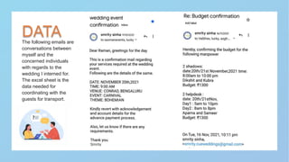 DATA
The following emails are
conversations between
myself and the
concerned individuals
with regards to the
wedding I interned for.
The excel sheet is the
data needed for
coordinating with the
guests for transport.
 