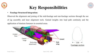 Dept. of ECE , SJBIT 12
Project Phase - I
• Fuselage Structural Integration:
Observed the alignment and joining of the mid-fuselage and rear-fuselage sections through the use
of jig assembly and laser alignment tools. Gained insights into load path continuity and the
application of titanium fasteners in essential areas.
Key Responsibilities
 
