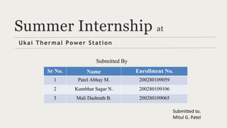 Summer Internship at
Ukai Thermal Power Station
Submitted By
Sr No. Name Enrollment No.
1 Patel Abhay M. 200280109059
2 Kumbhar Sagar N. 200280109106
3 Mali Dashrath B. 200280109065
Submitted to.
Mitul G. Patel
 