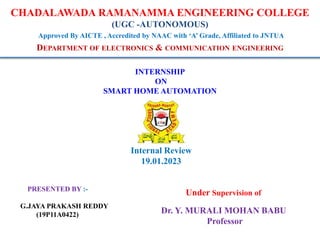 CHADALAWADA RAMANAMMA ENGINEERING COLLEGE
(UGC -AUTONOMOUS)
Approved By AICTE , Accredited by NAAC with ‘A’ Grade, Affiliated to JNTUA
DEPARTMENT OF ELECTRONICS & COMMUNICATION ENGINEERING
INTERNSHIP
ON
SMART HOME AUTOMATION
Under Supervision of
Dr. Y. MURALI MOHAN BABU
Professor
PRESENTED BY :-
G.JAYA PRAKASH REDDY
(19P11A0422)
Internal Review
19.01.2023
 