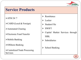 Service Products
ATM 24/ 7
CARD (Local & Foreign)
Automated Clearing
Electronic Fund Transfer
Mobile Banking
Offshore Banking
Centralized Trade Processing
Services
 Remittance
 Locker
 Student File
 SWIFT
 Capital Market Services through
SIBL
 Subsidiaries
 School Banking
17
 