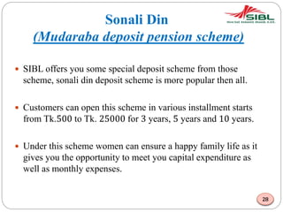 Sonali Din
(Mudaraba deposit pension scheme)
 SIBL offers you some special deposit scheme from those
scheme, sonali din deposit scheme is more popular then all.
 Customers can open this scheme in various installment starts
from Tk.500 to Tk. 25000 for 3 years, 5 years and 10 years.
 Under this scheme women can ensure a happy family life as it
gives you the opportunity to meet you capital expenditure as
well as monthly expenses.
28
 