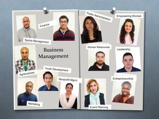 Business
Management
Sports Management
Finance
Agribusiness
Event Planning
Entrepreneurship
Leadership
Human Resources
Public Administration
Marketing
Youth Development
Empowering Women
Nonprofit Mgmt.
 