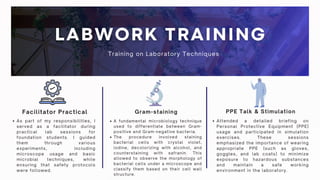 Gram-staining
Facilitator Practical PPE Talk & Stimulation
A fundamental microbiology technique
used to differentiate between Gram-
positive and Gram-negative bacteria.
The procedure involved staining
bacterial cells with crystal violet,
iodine, decolorizing with alcohol, and
counterstaining with safranin. This
allowed to observe the morphology of
bacterial cells under a microscope and
classify them based on their cell wall
structure.
As part of my responsibilities, I
served as a facilitator during
practical lab sessions for
foundation students. I guided
them through various
experiments, including
microscope usage and basic
microbial techniques, while
ensuring that safety protocols
were followed.
Attended a detailed briefing on
Personal Protective Equipment (PPE)
usage and participated in simulation
exercises. These sessions
emphasized the importance of wearing
appropriate PPE (such as gloves,
goggles, and lab coats) to minimize
exposure to hazardous substances
and maintain a safe working
environment in the laboratory.
Training on Laboratory Techniques
 