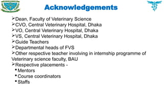 Acknowledgements
Dean, Faculty of Veterinary Science
CVO, Central Veterinary Hospital, Dhaka
VO, Central Veterinary Hospital, Dhaka
VS, Central Veterinary Hospital, Dhaka
Guide Teachers
Departmental heads of FVS
Other respective teacher involving in internship programme of
Veterinary science faculty, BAU
Respective placements -
Mentors
Course coordinators
Staffs
 