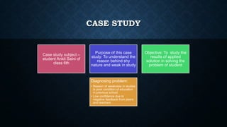 CASE STUDY
Case study subject –
student Ankit Saini of
class 6th
Purpose of this case
study: To understand the
reason behind shy
nature and weak in study
Objective: To study the
results of applied
solution in solving the
problem of student
Diagnosing problem:
• Reason of weakness in studies
is poor condition of education
in previous school
• Low confidence due to
negative feedback from peers
and teachers
 
