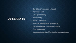 DETERRNTS
• Condition of washroom not good
• No white board
• Less game activity
• No boundary
• No NCC and NSS
• Improper maintenance of resources.
• Old infrastructure in damage condition
• Poor cleanliness
• Inadequate quantity of furniture for primary classes.
 