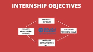 INTERNSHIP OBJECTIVES
CORPORATE
EXPOSURE
DEVELOPING
TECHNICAL SKILLS
ENHANCING
PROFFESSIONAL
NETWORK
IMPROVING
COMMUNICATION
SKILLS
 