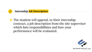 Internship Job Description
◉ The student will append, to their internship
contract, a job description from the site supervisor
which lists responsibilities and how your
performance will be evaluated.
6
 