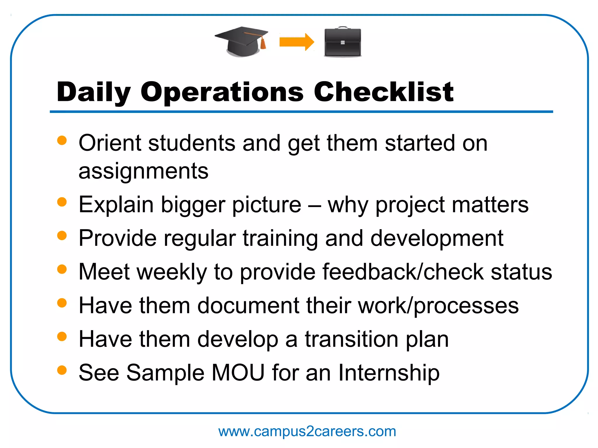 Daily Operations Checklist
 Orient students and get them started on
  assignments
 Explain bigger picture – why project matters

 Provide regular training and development

 Meet weekly to provide feedback/check status

 Have them document their work/processes

 Have them develop a transition plan

 See Sample MOU for an Internship


               www.campus2careers.com
 