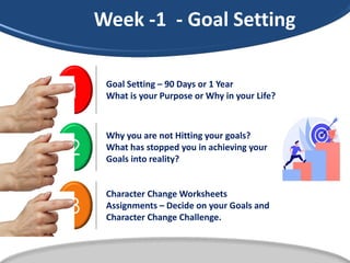 1 Goal Setting – 90 Days or 1 Year
What is your Purpose or Why in your Life?
2
Why you are not Hitting your goals?
What has stopped you in achieving your
Goals into reality?
3
Character Change Worksheets
Assignments – Decide on your Goals and
Character Change Challenge.
Week -1 - Goal Setting
 
