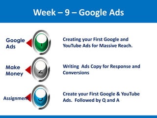 Week – 9 – Google Ads
1
Google
Ads
Creating your First Google and
YouTube Ads for Massive Reach.
Creating your First Google and
YouTube Ads for Massive Reach.
Creating your First Google and
YouTube Ads for Massive Reach.
2
Make
Money
3
Assignment
Writing Ads Copy for Response and
Conversions
Writing Ads Copy for Response and
Conversions
Writing Ads Copy for Response and
Conversions
Create your First Google & YouTube
Ads. Followed by Q and A
Create your First Google & YouTube
Ads. Followed by Q and A
Create your First Google & YouTube
Ads. Followed by Q and A
 