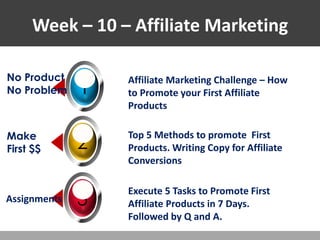 Week – 10 – Affiliate Marketing
1
No Product
No Problem
Affiliate Marketing Challenge – How
to Promote your First Affiliate
Products
Affiliate Marketing Challenge – How
to Promote your First Affiliate
Products
Affiliate Marketing Challenge – How
to Promote your First Affiliate
Products
2
Make
First $$
3
Assignments
Top 5 Methods to promote First
Products. Writing Copy for Affiliate
Conversions
Top 5 Methods to promote First
Products. Writing Copy for Affiliate
Conversions
Top 5 Methods to promote First
Products. Writing Copy for Affiliate
Conversions
Execute 5 Tasks to Promote First
Affiliate Products in 7 Days.
Followed by Q and A.
Execute 5 Tasks to Promote First
Affiliate Products in 7 Days.
Followed by Q and A.
Execute 5 Tasks to Promote First
Affiliate Products in 7 Days.
Followed by Q and A.
 