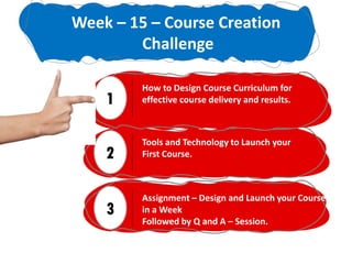 1
How to Design Course Curriculum for
effective course delivery and results.
2
Tools and Technology to Launch your
First Course.
3
Assignment – Design and Launch your Course
in a Week
Followed by Q and A – Session.
Week – 15 – Course Creation
Challenge
 