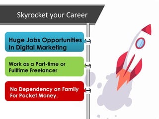 Skyrocket your Career
Huge Jobs Opportunities
In Digital Marketing
Work as a Part-time or
Fulltime Freelancer
No Dependency on Family
For Pocket Money.
 