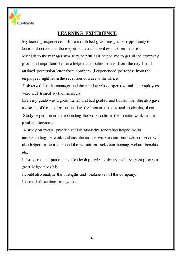 given experience by company letter club Internship virajpet Mahindra in Resorts project