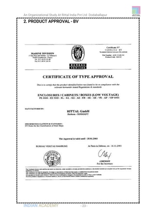 An Organizational Study At Rittal India Pvt Ltd Dodaballapur
INDIAN ACADEMY - 23 -
2. PRODUCT APPROVAL - BV
 