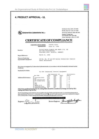 An Organizational Study At Rittal India Pvt Ltd Dodaballapur
INDIAN ACADEMY - 25 -
4. PRODUCT APPROVAL - UL
 
