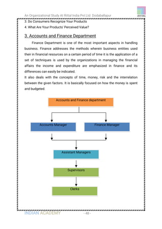 An Organizational Study At Rittal India Pvt Ltd Dodaballapur
INDIAN ACADEMY - 48 -
3. Do Consumers Recognize Your Products
4. What Are Your Products' Perceived Value?
3. Accounts and Finance Department
Finance Department is one of the most important aspects in handling
business. Finance addresses the methods wherein business entities used
their in financial resources on a certain period of time it is the application of a
set of techniques is used by the organizations in managing the financial
affairs the income and expenditure are emphasized in finance and its
differences can easily be indicated.
It also deals with the concepts of time, money, risk and the interrelation
between the given factors. It is basically focused on how the money is spent
and budgeted.
Accounts and Finance department
Accounts Manager Finance Manager
Assistant Managers
Supervisors
Clerks
 