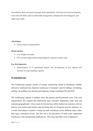 Nevertheless, there exist perceived gaps at the operational / front line level and are primarily
to do with soft skills, such as relationship management, interpersonal and managerial, and
supervisory skills.




Advantages:
     Fastest mode of transportation


Disadvantages:
     Low freight movement
     87% of total freight traffic being handled by airports in metro cities


Key Developments:
     Modernisation of 37 operational airports and development of new airports will
        increase air cargo handling capacity


WAREHOUSE:


The warehousing segment consists of storage warehousing related to distribution whether
inbound or outbound trans shipment warehouses or 'terminals' used for bulking / de-bulking,
stuffing / de-stuffing cross docking and temporary storage (including CFS and ICD)


The warehousing segment is perhaps where the greatest growth potential exists. Like road
transportation, this segment has traditionally been extremely fragmented, small scale and
scattered geographically. A key reason for this has been India's indirect tax structure, with tax
paid on cross border (state border) sales not being fully set off against local tax liabilities. As
a result, most players resorted to setting up small warehouses across different states, rather
than large, centralized set-ups. This has led to the prevalence of small scale, fragmented
warehouses, with corresponding inefficiencies. This cause and effect cycle is depicted in

45 | P a g e
 