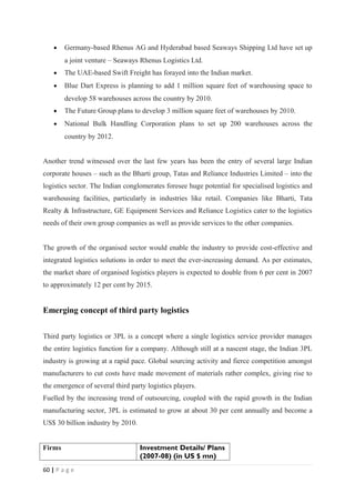 •   Germany-based Rhenus AG and Hyderabad based Seaways Shipping Ltd have set up
        a joint venture – Seaways Rhenus Logistics Ltd.
    •   The UAE-based Swift Freight has forayed into the Indian market.
    •   Blue Dart Express is planning to add 1 million square feet of warehousing space to
        develop 58 warehouses across the country by 2010.
    •   The Future Group plans to develop 3 million square feet of warehouses by 2010.
    •   National Bulk Handling Corporation plans to set up 200 warehouses across the
        country by 2012.


Another trend witnessed over the last few years has been the entry of several large Indian
corporate houses – such as the Bharti group, Tatas and Reliance Industries Limited – into the
logistics sector. The Indian conglomerates foresee huge potential for specialised logistics and
warehousing facilities, particularly in industries like retail. Companies like Bharti, Tata
Realty & Infrastructure, GE Equipment Services and Reliance Logistics cater to the logistics
needs of their own group companies as well as provide services to the other companies.


The growth of the organised sector would enable the industry to provide cost-effective and
integrated logistics solutions in order to meet the ever-increasing demand. As per estimates,
the market share of organised logistics players is expected to double from 6 per cent in 2007
to approximately 12 per cent by 2015.


Emerging concept of third party logistics


Third party logistics or 3PL is a concept where a single logistics service provider manages
the entire logistics function for a company. Although still at a nascent stage, the Indian 3PL
industry is growing at a rapid pace. Global sourcing activity and fierce competition amongst
manufacturers to cut costs have made movement of materials rather complex, giving rise to
the emergence of several third party logistics players.
Fuelled by the increasing trend of outsourcing, coupled with the rapid growth in the Indian
manufacturing sector, 3PL is estimated to grow at about 30 per cent annually and become a
US$ 30 billion industry by 2010.
nvestment Details/ Plan
Firms                              Investment Details/ Plans
                                   (2007-08) (in US $ mn)
60 | P a g e
 