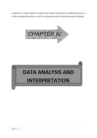 connectivity to large markets in southern and western India and has established clusters of
textile and engineering firms, as well as an important centre for the pharmaceutical industry.




                    CHAPTER IV




               DATA ANALYSIS AND
                INTERPRETATION




71 | P a g e
 