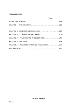 TABLE OF CONTENTS

                                                                                       Pages

EXECUTIVE SUMMARY. . . . . . . . . . . . . . . . . . . . . . . . . . . . . . . . . . . . . . . . . .( 9)

CHAPTER I           INTRODUCTION. . . . . . . . . . . . . . . . . . . . . . . . . . . . . . . . . . . . . ( 10)


CHAPTER II           RESEARCH METHODOLOGY. . .. . . . . . . . . . . . . . . . . . . . . . .( 27)

CHAPTER III           CONCEPTUAL DISCUSSION . . . . . . . . . . . . . . . . . . . . . . . . ( 31)

CHAPTER IV            ANALYSIS AND INTERPRETATION. . . . . . . . . . . . . . . . . . .( 75)

CHAPTER V            FINDINGS . . . . . . . . . . . . . . . . . . . . . . . . . . . . . . . . . . . . . . . . . .( 94)

CHAPTER VI            RECOMMENDATIONS & SUGGESTIONS. . . . . . . . . . . . . . ( 98)

BIBLIOGRAPHY. . . . . . . . . . . . . . . . . . . . . . . . . . . . . . . . . . . . . . . . . . . . . . . . . ( 101)




                                                 EXECUTIVE SUMMARY

8|Page
 