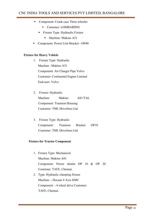 CNC INDIA TOOLS AND SERVICES PVT LIMITED, BANGALORE
Page 10
 Component: Crank case Three wheeler
 Customer: LOMBARDNI
 Fixture Type: Hydraulic Fixture
 Machine: Makino A51
 Component: Power Unit Bracket - OP40
Fixture for Heavy Vehicle
1. Fixture Type: Hydraulic
Machine –Makino A51
Component: Air Charger Pipe Volvo
Customer- Continental Engine Limited
End-user: Volvo
2. Fixture: Hydraulic
Machine: Makino A81/TAL
Component: Trunnion Housing
Customer- TML Drivelines Ltd.
3. Fixture Type: Hydraulic
Component: Trunnion Bracket OP10
Customer: TML Drivelines Ltd.
Fixture for Tractor Component
1. Fixture Type: Mechanical
Machine: Makino A81
Component: Power shuttle OP 10 & OP 20
Customer: TAFE, Chennai.
2. Type: Hydraulic clamping fixture
Machine: - Doosan 4 Axis HMC
Component: - 4 wheel drive Customer:
TAFE, Chennai.
 