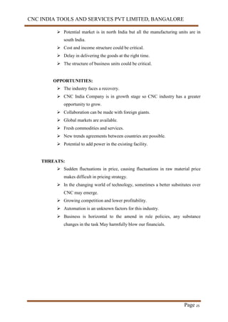 CNC INDIA TOOLS AND SERVICES PVT LIMITED, BANGALORE
Page 25
 Potential market is in north India but all the manufacturing units are in
south India.
 Cost and income structure could be critical.
 Delay in delivering the goods at the right time.
 The structure of business units could be critical.
OPPORTUNITIES:
 The industry faces a recovery.
 CNC India Company is in growth stage so CNC industry has a greater
opportunity to grow.
 Collaboration can be made with foreign giants.
 Global markets are available.
 Fresh commodities and services.
 New trends agreements between countries are possible.
 Potential to add power in the existing facility.
THREATS:
 Sudden fluctuations in price, causing fluctuations in raw material price
makes difficult in pricing strategy.
 In the changing world of technology, sometimes a better substitutes over
CNC may emerge.
 Growing competition and lower profitability.
 Automation is an unknown factors for this industry.
 Business is horizontal to the amend in rule policies, any substance
changes in the task May harmfully blow our financials.
 
