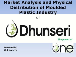 Market Analysis and Physical
  Distribution of Moulded
      Plastic Industry
              of




                      The power of

Presented by:
Alok Jain - 13
 