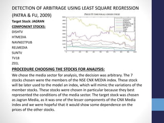 DETECTION OF ARBITRAGE USING LEAST SQUARE REGRESSION
(PATRA & FU, 2009)
Target Stock: JAGRAN
COMPONENT STOCKS:
DISHTV
HTMEDIA
NAVNEETPUB
RELMEDIA
SUNTV
TV18
ZEEL
PROCEDURE CHOOSING THE STOCKS FOR ANALYSIS:
We chose the media sector for analysis, the decision was arbitrary. The 7
stocks chosen were the members of the NSE CNX MEDIA index. These stock
will be later used to the model an index, which will mimic the variations of the
member stocks. These stocks were chosen in particular because they best
represented the conditions of the media sector. The target stock was chosen
as Jagran Media, as it was one of the lesser components of the CNX Media
index and we were hopeful that it would show some dependence on the
prices of the other stocks.
 