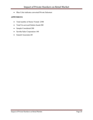 Impact of Private Hawkers on Retail Market
Impact of Private Hawkers on Retail Market Page 20
Blue Color indicates converted Private Salesmen
APPENDICES
Total number of Stores Visited -2300
Total Un-serviced Outlets found-200
Sample Considered-200
Savitha Sales Corporation-140
Ganesh Associates-60
 