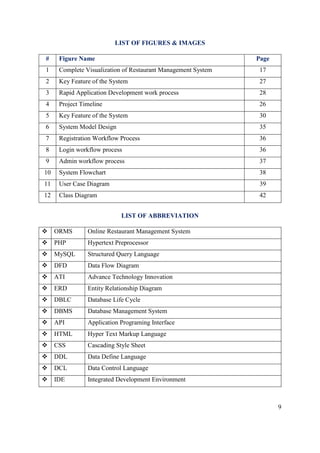 9
LIST OF FIGURES & IMAGES
# Figure Name Page
1 Complete Visualization of Restaurant Management System 17
2 Key Feature of the System 27
3 Rapid Application Development work process 28
4 Project Timeline 26
5 Key Feature of the System 30
6 System Model Design 35
7 Registration Workflow Process 36
8 Login workflow process 36
9 Admin workflow process 37
10 System Flowchart 38
11 User Case Diagram 39
12 Class Diagram 42
LIST OF ABBREVIATION
 ORMS Online Restaurant Management System
 PHP Hypertext Preprocessor
 MySQL Structured Query Language
 DFD Data Flow Diagram
 ATI Advance Technology Innovation
 ERD Entity Relationship Diagram
 DBLC Database Life Cycle
 DBMS Database Management System
 API Application Programing Interface
 HTML Hyper Text Markup Language
 CSS Cascading Style Sheet
 DDL Data Define Language
 DCL Data Control Language
 IDE Integrated Development Environment
 