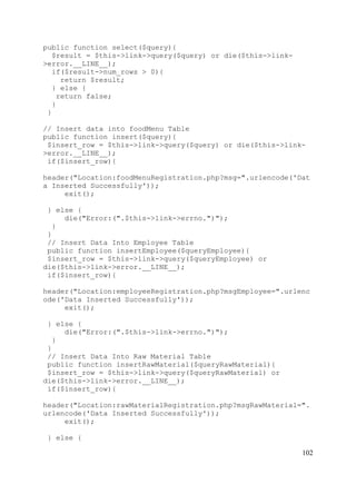 102
public function select($query){
$result = $this->link->query($query) or die($this->link-
>error.__LINE__);
if($result->num_rows > 0){
return $result;
} else {
return false;
}
}
// Insert data into foodMenu Table
public function insert($query){
$insert_row = $this->link->query($query) or die($this->link-
>error.__LINE__);
if($insert_row){
header("Location:foodMenuRegistration.php?msg=".urlencode('Dat
a Inserted Successfully'));
exit();
} else {
die("Error:(".$this->link->errno.")");
}
}
// Insert Data Into Employee Table
public function insertEmployee($queryEmployee){
$insert_row = $this->link->query($queryEmployee) or
die($this->link->error.__LINE__);
if($insert_row){
header("Location:employeeRegistration.php?msgEmployee=".urlenc
ode('Data Inserted Successfully'));
exit();
} else {
die("Error:(".$this->link->errno.")");
}
}
// Insert Data Into Raw Material Table
public function insertRawMaterial($queryRawMaterial){
$insert_row = $this->link->query($queryRawMaterial) or
die($this->link->error.__LINE__);
if($insert_row){
header("Location:rawMaterialRegistration.php?msgRawMaterial=".
urlencode('Data Inserted Successfully'));
exit();
} else {
 