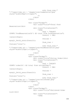 110
echo $num_rows."
"."<span><img src = 'images/icon/rowmaterial.png'
style='width:80px';></span>";
?>
</div>
</div>
<div class="widget">
<div class="title">Total Food
Reservation</div>
<div class="titleContent">
<?php
$sql = "SELECT
COUNT(`foodReservationId`) AS total from foodreservation";
$result = $db-
>select($sql);
$values =
mysqli_fetch_assoc($result);
$num_rows =
$values['total'];
echo $num_rows."
"."<span><img src = 'images/icon/foodReservation.png'
style='width:125px';></span>";
?>
</div>
</div>
<div class="widget">
<div class="title">Online Order</div>
<div class="titleContent">
<?php
$sql = "SELECT
COUNT(`orderId`) AS total from onlineorder";
$result = $db-
>select($sql);
$values =
mysqli_fetch_assoc($result);
$num_rows =
$values['total'];
echo $num_rows."
"."<span><img src = 'images/icon/onlinOrder.png'
style='width:125px';></span>";
?>
</div>
</div>
<div class="widget">
<div class="title">Delivered Order
List</div>
<div class="titleContent">
<?php
 