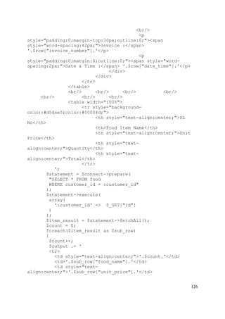 126
<br/>
<p
style="padding:0;margin-top:10px;outline:0;"><span
style="word-spacing:42px;">Invoice :</span>
'.$row["invoice_number"].'</p>
<p
style="padding:0;margin:0;outline:0;"><span style="word-
spacing:2px;">Date & Time :</span> '.$row["date_time"].'</p>
</div>
</div>
</tr>
</table>
<br/> <br/> <br/> <br/>
<br/> <br/> <br/>
<table width="100%">
<tr style="background-
color:#d5dae5;color:#00004d;">
<th style="text-align:center;">SL
No</th>
<th>Food Item Name</th>
<th style="text-align:center;">Unit
Price</th>
<th style="text-
align:center;">Quantity</th>
<th style="text-
align:center;">Total</th>
</tr>
';
$statement = $connect->prepare(
"SELECT * FROM food
WHERE customer_id = :customer_id"
);
$statement->execute(
array(
':customer_id' => $_GET["id"]
)
);
$item_result = $statement->fetchAll();
$count = 0;
foreach($item_result as $sub_row)
{
$count++;
$output .= '
<tr>
<td style="text-align:center;">'.$count.'</td>
<td>'.$sub_row["food_name"].'</td>
<td style="text-
align:center;">'.$sub_row["unit_price"].'</td>
 