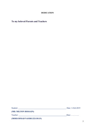 3
DEDICATION
To my beloved Parents and Teachers
Student: __________________________________________________ Date: 1-Feb-2019
(MD. MILTON HOSSAIN)
Teacher: __________________________________________________Date: ………....
(MOHAMMAD NASIRUZZAMAN)
 
