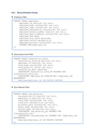 43
5.8.3 Physical Database Design
 Employee Table
 Reservations Food Table
 Raw Material Table
CREATE TABLE employee(
employee_id char(10) not null,
employee_name varchar(50) not null,
employee_type varchar(20) not null,
employee_designation varchar(30) not null,
employee_mobile_number char(15) not null,
employee_email_address varchar(70) not null,
employee_dob date,
employee_join_date datetime,
employee_salary decimal(5,2),
employee_picture varchar(50) not null,
PRIMARY KEY(employee_id)
);
CREATE TABLE reservation_food(
reservation_food_id char(10) not null,
employee_id char(10) not null,
food_name varchar(50) not null,
food_quantity int(3) not null,
reservation_date datetime,
CONSTRAINT reservation_food_PK PRIMARY KEY
(reservation_food_id),
CONSTRAINT employee_FK FOREIGN KEY (employee_id)
REFERENCES
employee(employee_id) ON DELETE CASCADE
);
CREATE TABLE raw_material(
raw_material_id char(10) not null,
employee_id char(10) not null,
food_name varchar(50) not null,
food_cost decimal(7,2) not noll,
purchase_date varchar(30) not null,
buyer_name varchar(50) not null,
seller_name varchar(50) not null,
CONSTRAINT raw_material_pk PRIMARY KEY
(raw_material_id),
CONSTRAINT raw_employee_fk PRIMARY KEY (employee_id)
REFERENCES
employee(employee_id) ON DELETE CASCADE
);
 